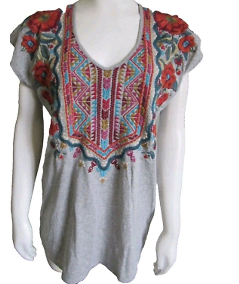 Johnny Was Elianna Gray Floral Embroidered Boho Cap Sleeve Cotton Blouse SZ S